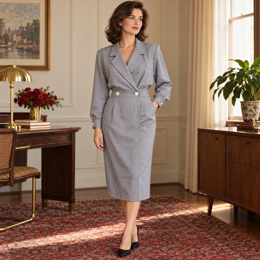 70s Stuart Alan Houndstooth Faux Wrap Double Breasted Career Dress - M